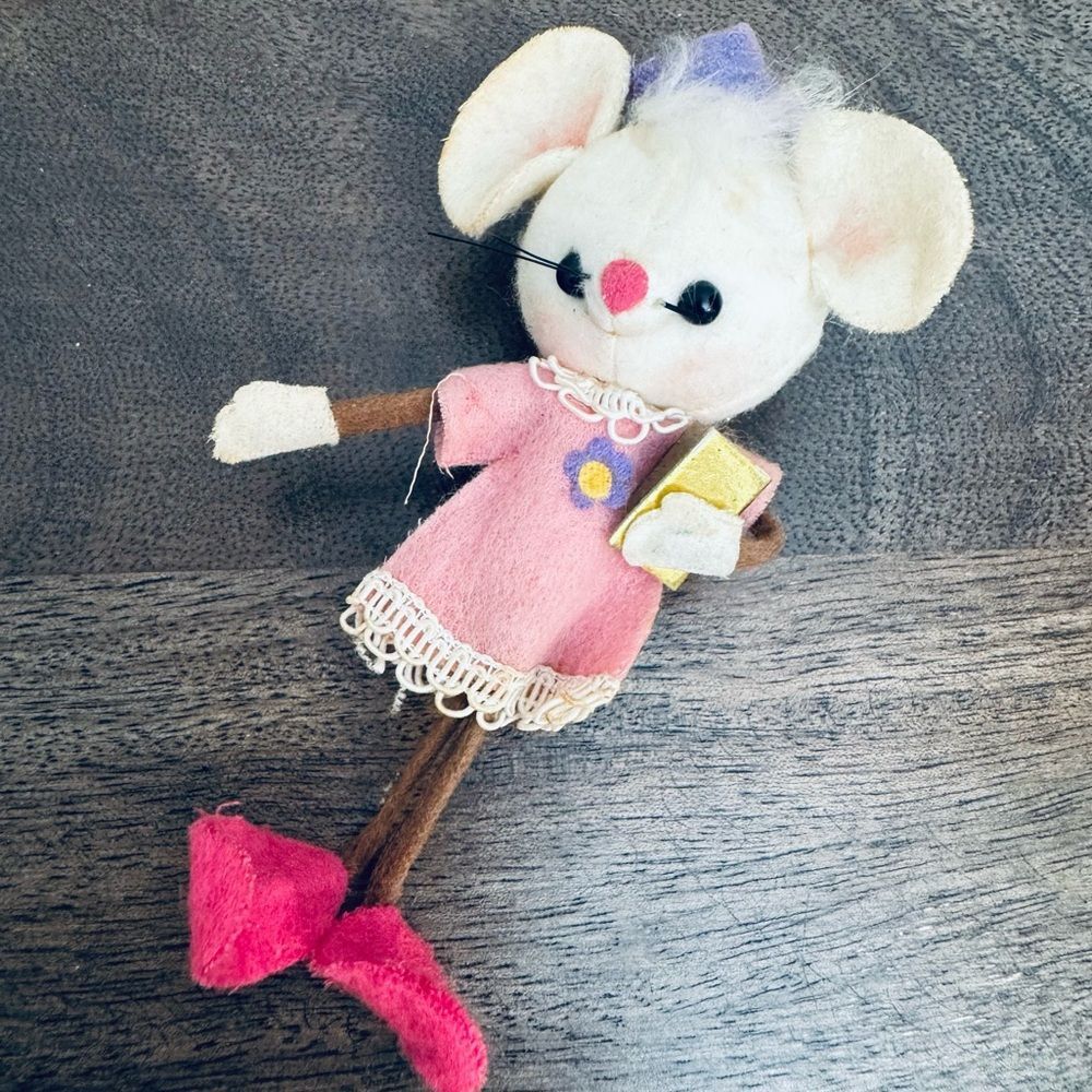 Adorable Vintage Pink and White Mouse Plush Ornament Figurine